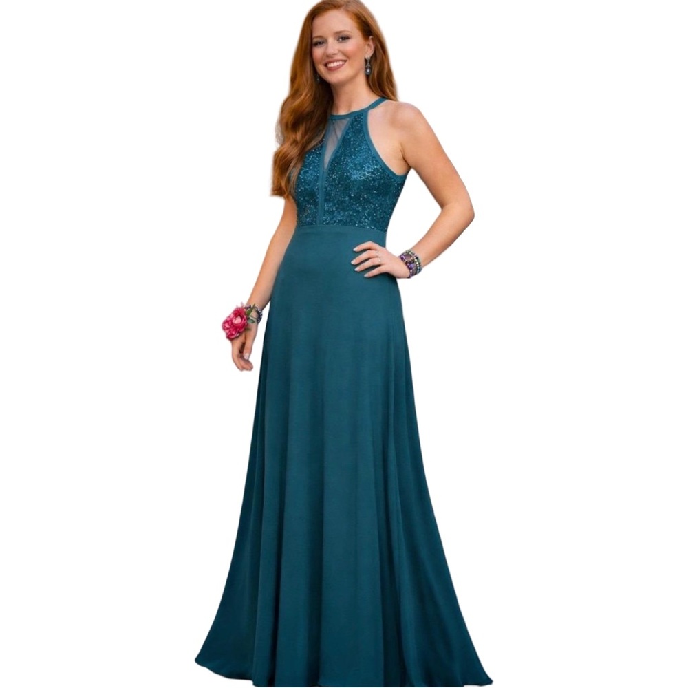 Night Way Collections Formal Teal Lace Halter Dress with Sequins Size 14W
